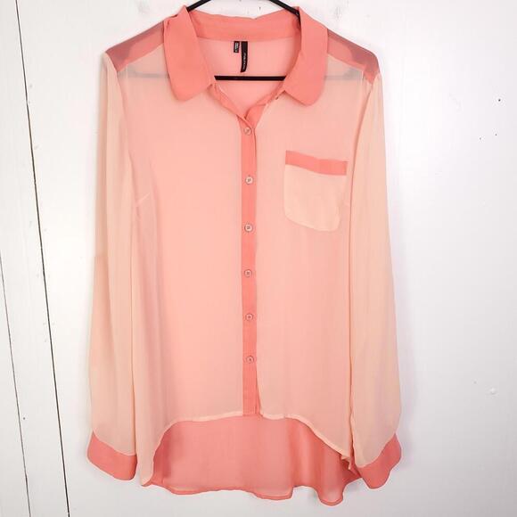 Maurices Shirt Womens Large Semi Sheer Button Down Two Tone Colorblock Pink - Picture 1 of 9